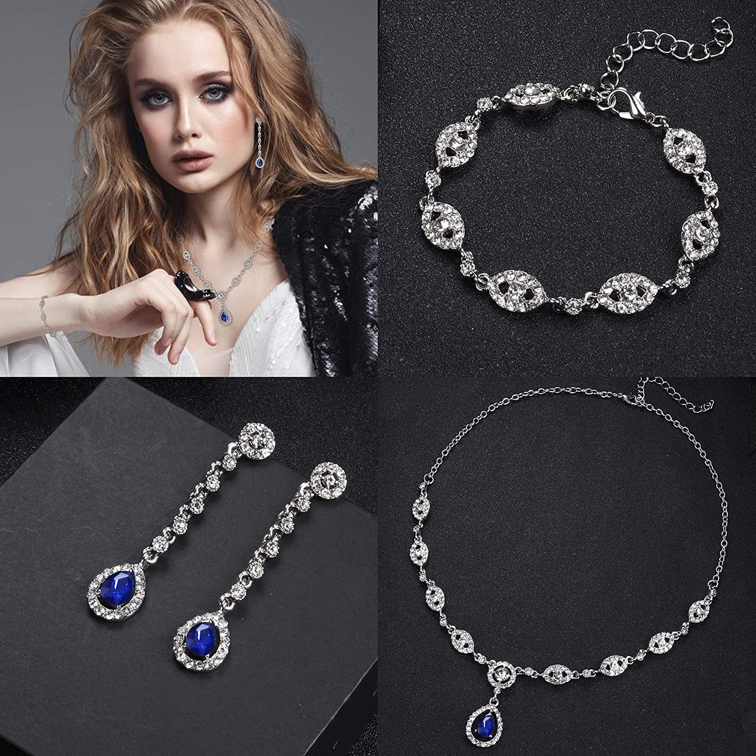 YADOCA Wedding Bridal Jewelry Set for Women Silver Prom Costume Jewelry Sets Rhinestone Crystal Teardrop Necklace Earrings Bracelet Bridesmaid Jewelry Accessories Blue Silver Red Rose Gold