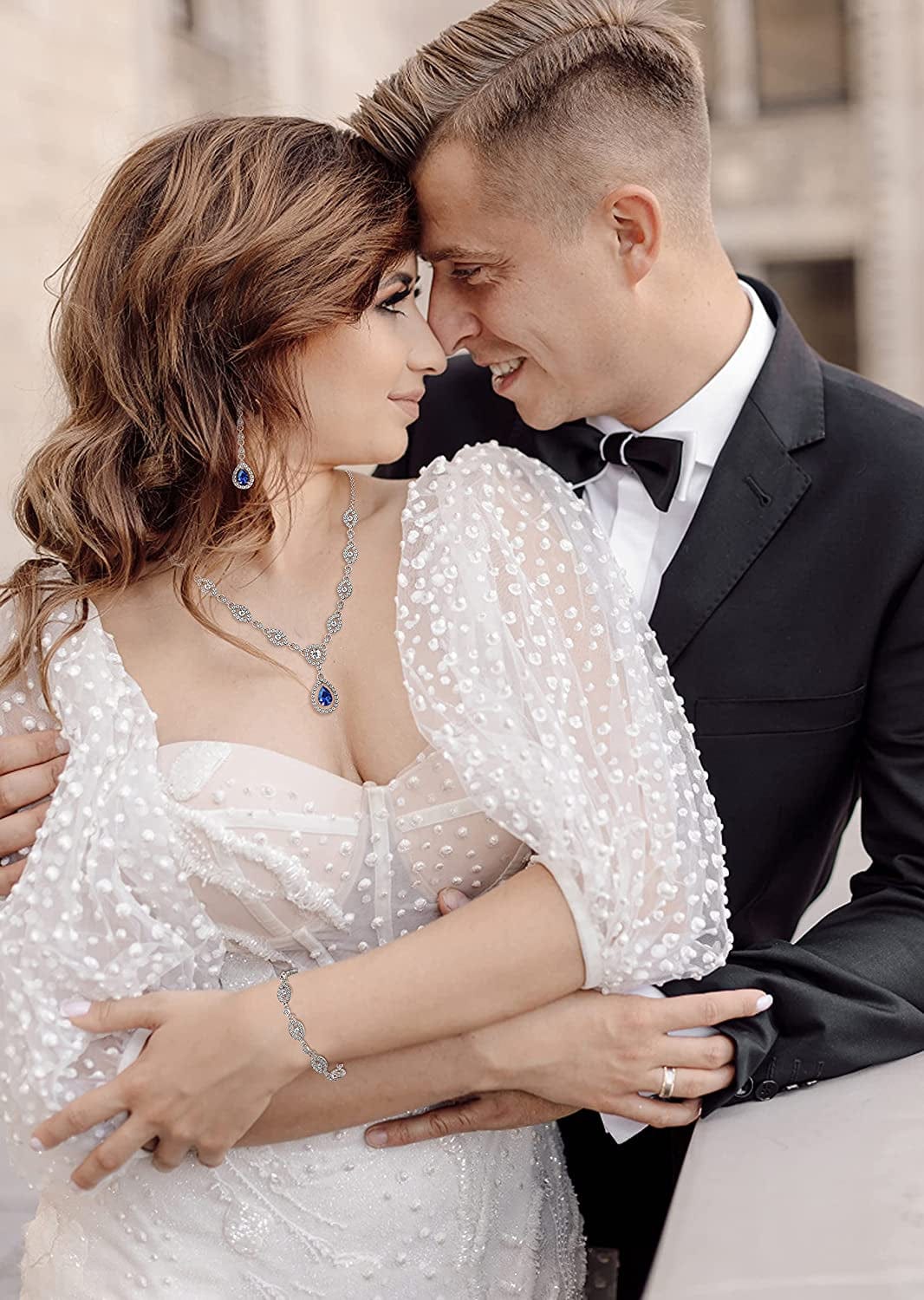 YADOCA Wedding Bridal Jewelry Set for Women Silver Prom Costume Jewelry Sets Rhinestone Crystal Teardrop Necklace Earrings Bracelet Bridesmaid Jewelry Accessories Blue Silver Red Rose Gold