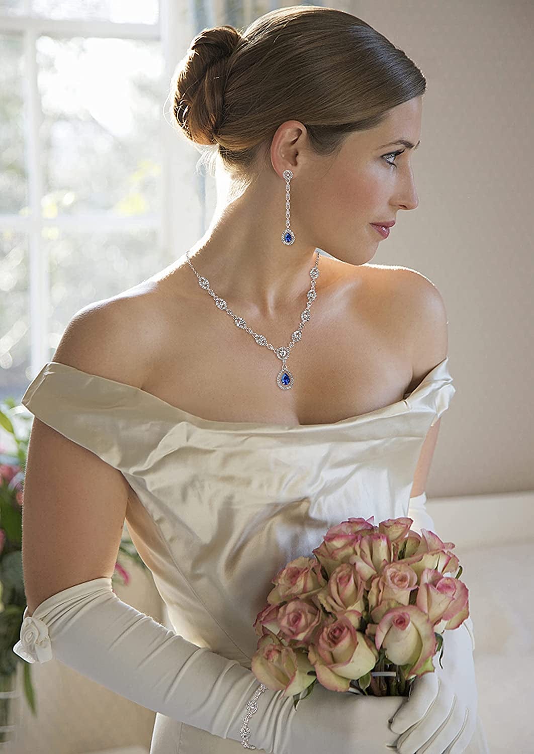 YADOCA Wedding Bridal Jewelry Set for Women Silver Prom Costume Jewelry Sets Rhinestone Crystal Teardrop Necklace Earrings Bracelet Bridesmaid Jewelry Accessories Blue Silver Red Rose Gold