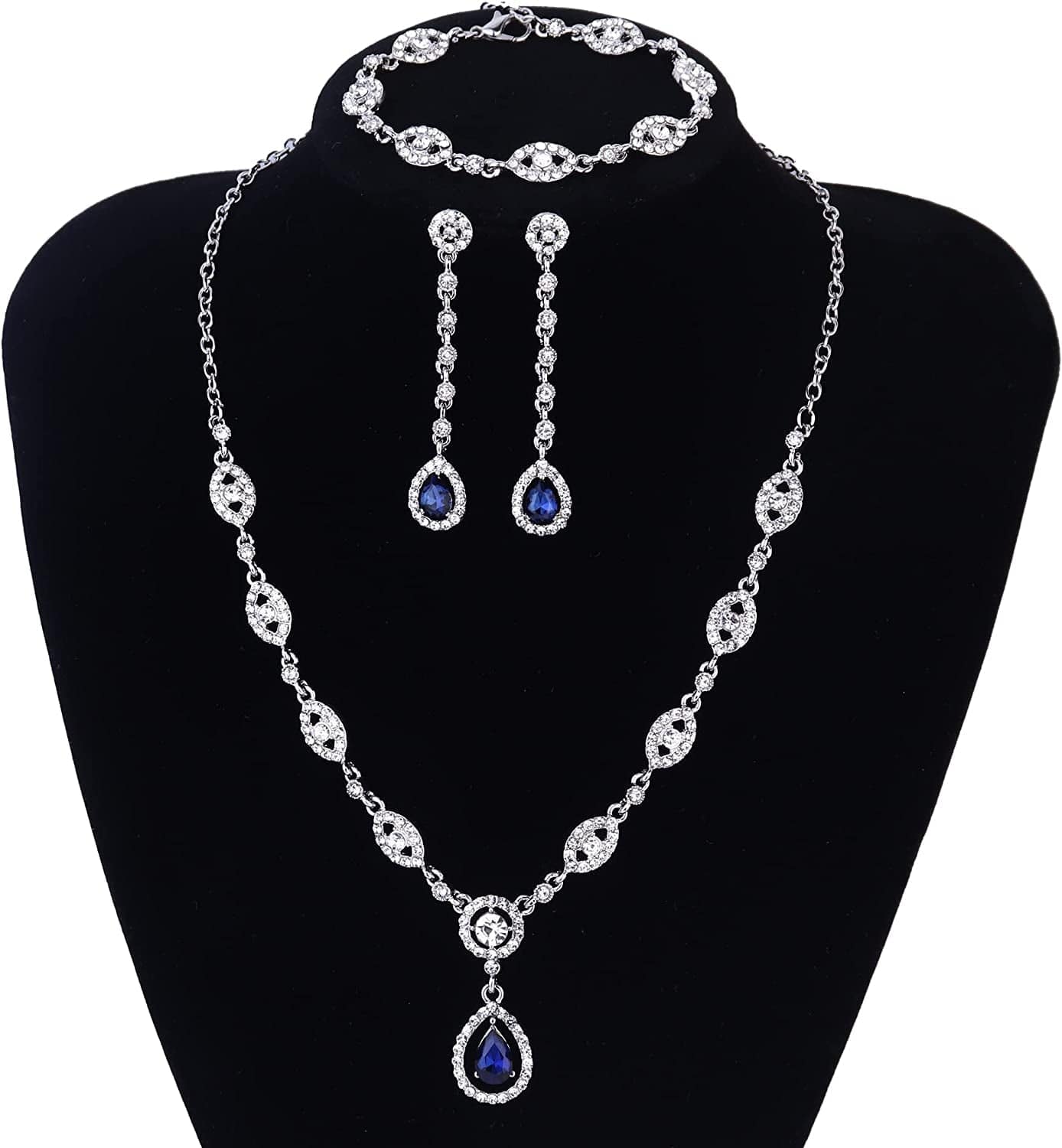 YADOCA Wedding Bridal Jewelry Set for Women Silver Prom Costume Jewelry Sets Rhinestone Crystal Teardrop Necklace Earrings Bracelet Bridesmaid Jewelry Accessories Blue Silver Red Rose Gold