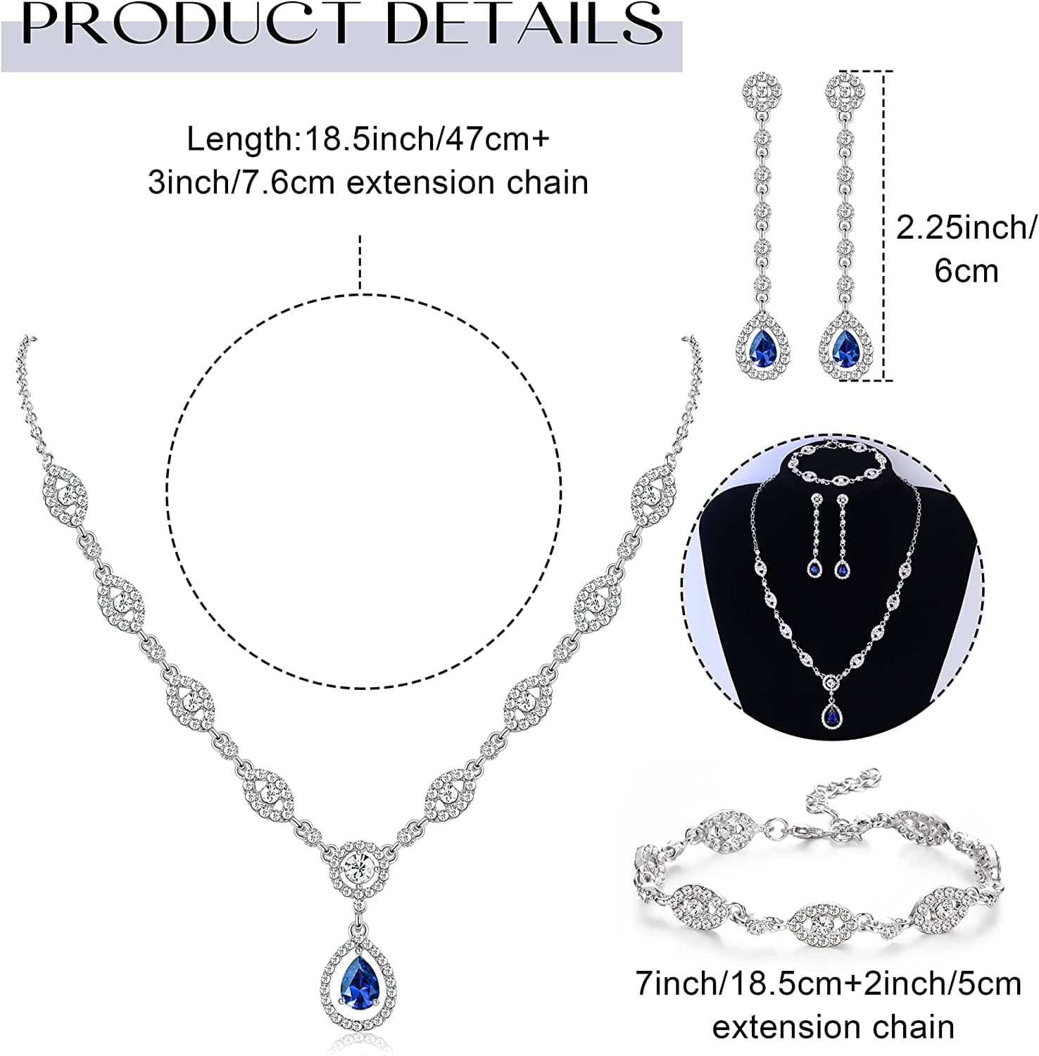 YADOCA Wedding Bridal Jewelry Set for Women Silver Prom Costume Jewelry Sets Rhinestone Crystal Teardrop Necklace Earrings Bracelet Bridesmaid Jewelry Accessories Blue Silver Red Rose Gold