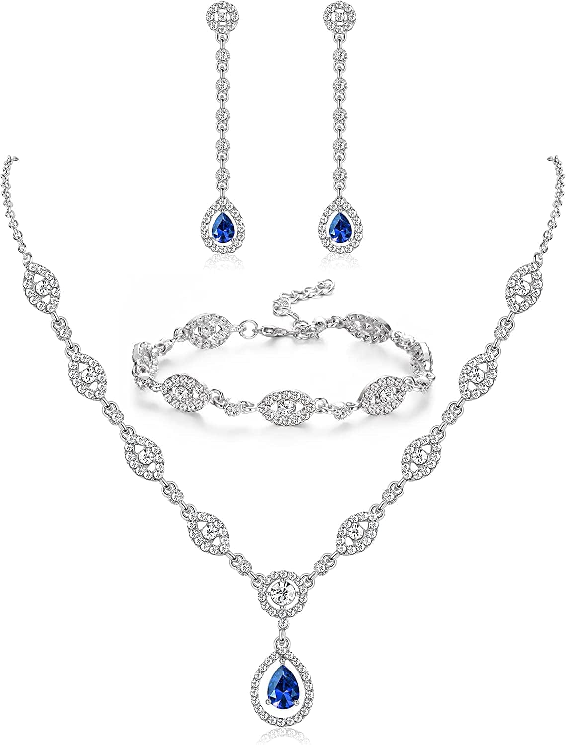 YADOCA Wedding Bridal Jewelry Set for Women Silver Prom Costume Jewelry Sets Rhinestone Crystal Teardrop Necklace Earrings Bracelet Bridesmaid Jewelry Accessories Blue Silver Red Rose Gold A:BLUE