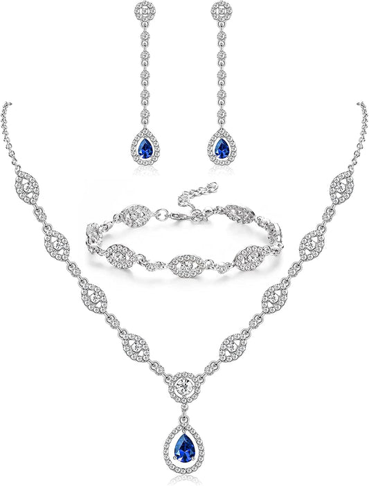 YADOCA Wedding Bridal Jewelry Set for Women Silver Prom Costume Jewelry Sets Rhinestone Crystal Teardrop Necklace Earrings Bracelet Bridesmaid Jewelry Accessories Blue Silver Red Rose Gold A:BLUE