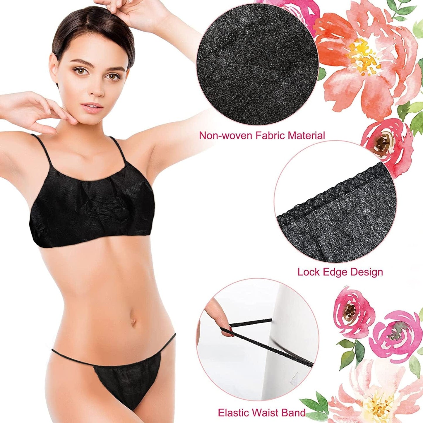 Yahenda Disposable Bras and Disposable Thong Panties Beauty Disposable Bra Women'S Disposable Sunless Spray Tan Top Underwear for Woman, Individually Wrapped (100), Black