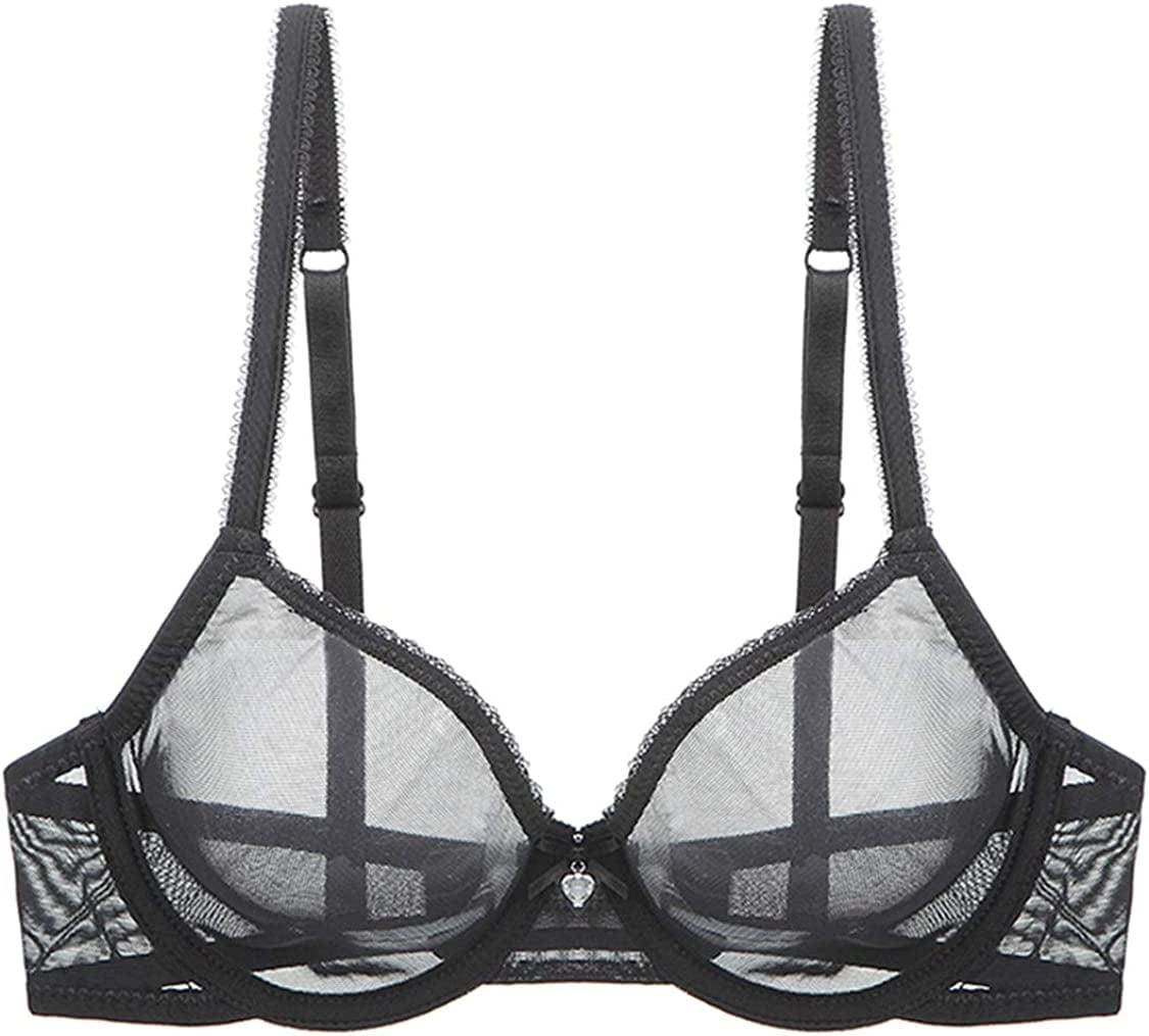 YANDW Sexy Sheer See through Bras Unlined Underwire Lace Mesh Non Padded Ultra Thin Clear Bralette Black / 38D