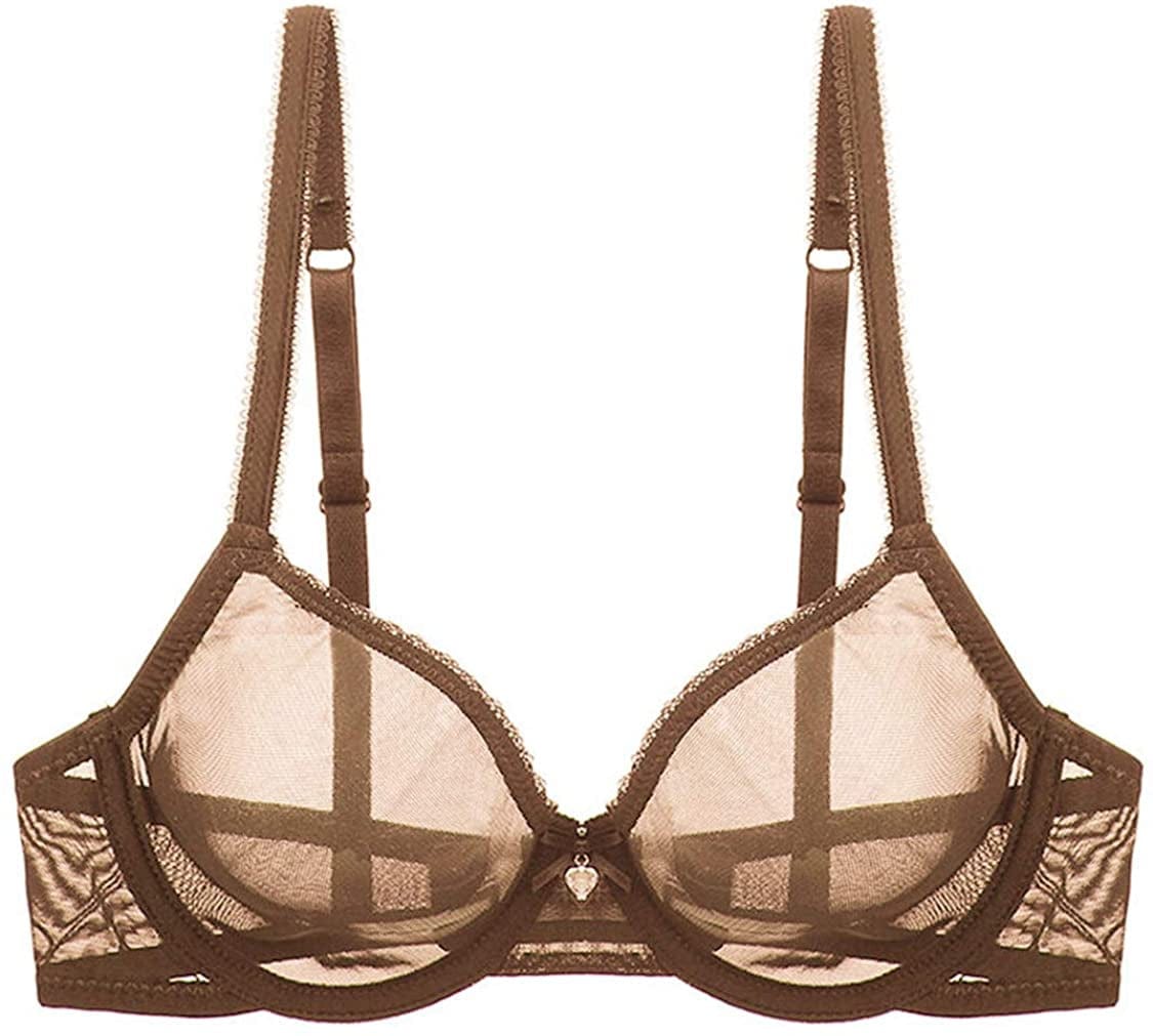 YANDW Sexy Sheer See through Bras Unlined Underwire Lace Mesh Non Padded Ultra Thin Clear Bralette Coffee / 38D