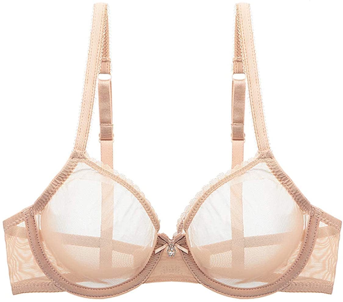 YANDW Sexy Sheer See through Bras Unlined Underwire Lace Mesh Non Padded Ultra Thin Clear Bralette Beige / 38D