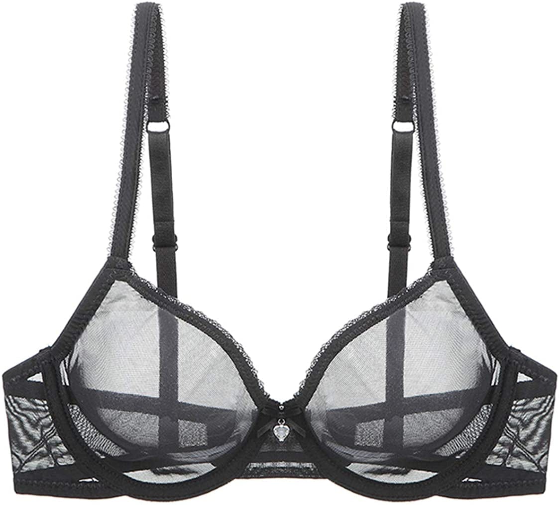 YANDW Sexy Sheer See through Bras Unlined Underwire Lace Mesh Non Padded Ultra Thin Clear Bralette Black / 42C