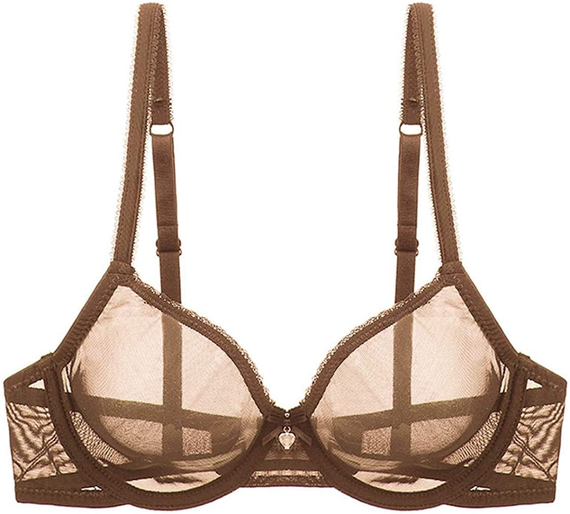 YANDW Sexy Sheer See through Bras Unlined Underwire Lace Mesh Non Padded Ultra Thin Clear Bralette Coffee / 42D