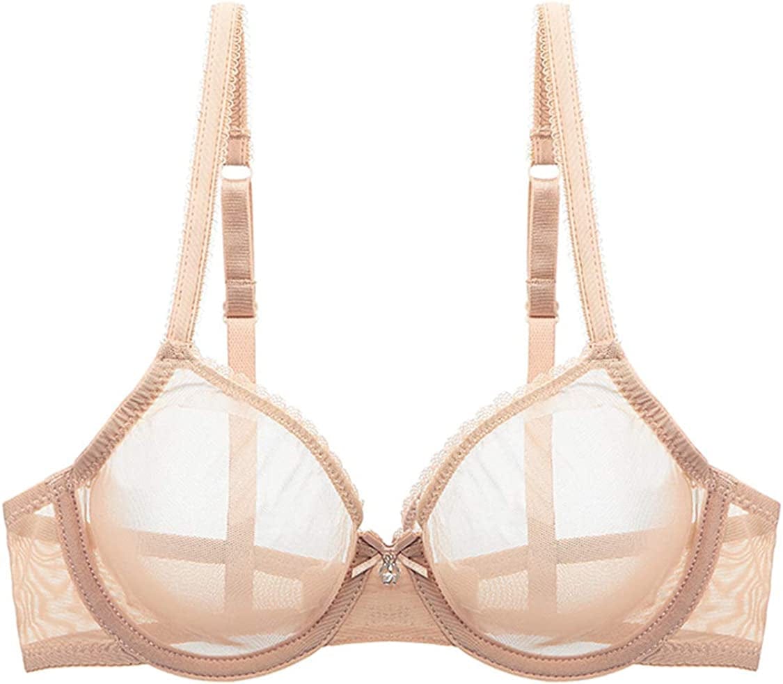 YANDW Sexy Sheer See through Bras Unlined Underwire Lace Mesh Non Padded Ultra Thin Clear Bralette Beige / 34D