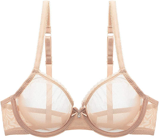 YANDW Sexy Sheer See through Bras Unlined Underwire Lace Mesh Non Padded Ultra Thin Clear Bralette Beige / 34D