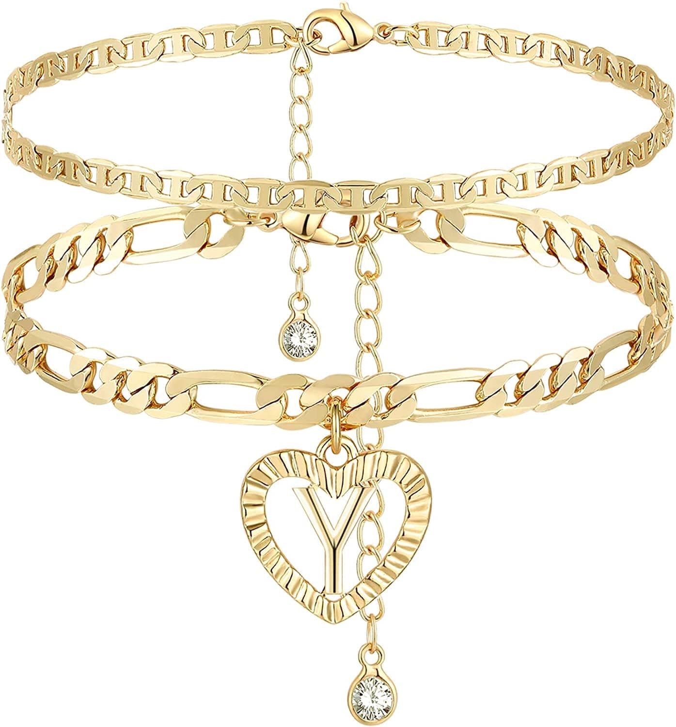 YANODA Initial Ankle Bracelets for Women 14K Gold Plated Layered Figaro Chain Letter Initial Anklets Handmade Layered Heart Ankle Bracelets Personalized Gifts for Women Teen Girls Apparel & Accessories > Jewelry > Anklets YANODA Y