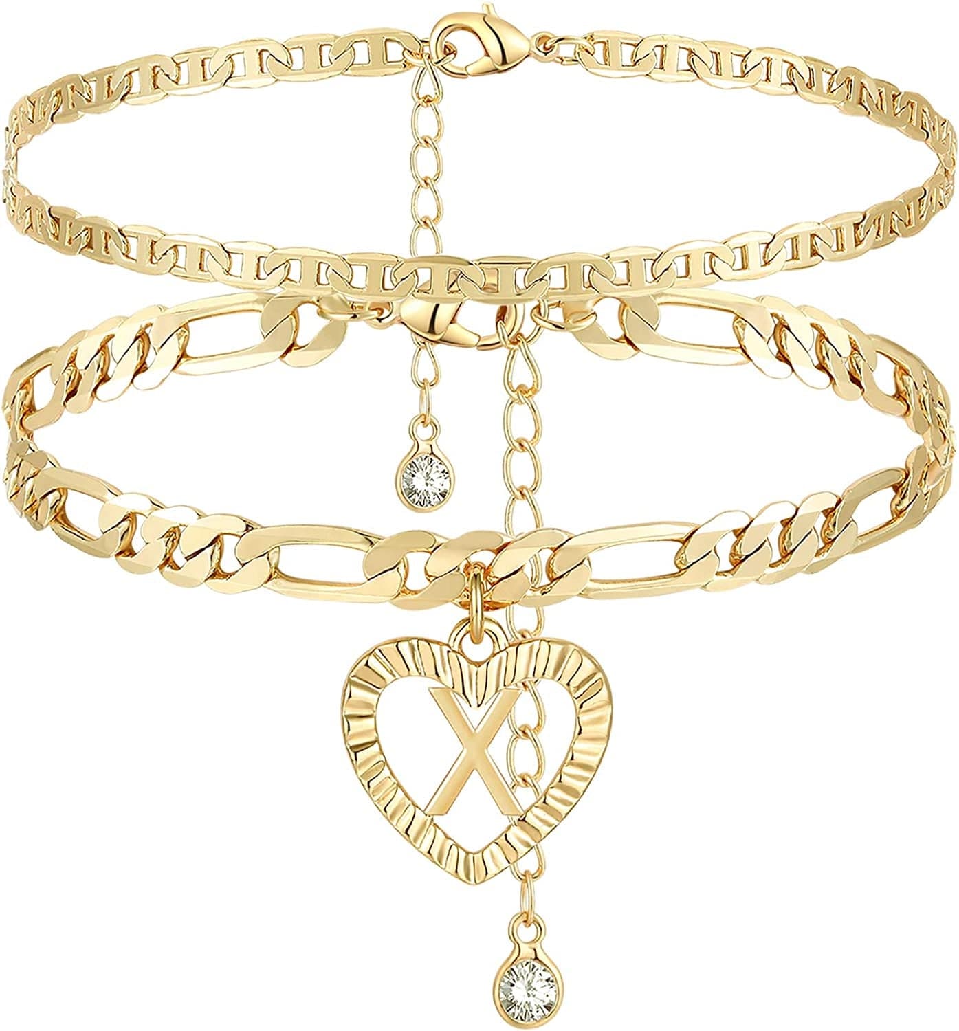 YANODA Initial Ankle Bracelets for Women 14K Gold Plated Layered Figaro Chain Letter Initial Anklets Handmade Layered Heart Ankle Bracelets Personalized Gifts for Women Teen Girls Apparel & Accessories > Jewelry > Anklets YANODA X