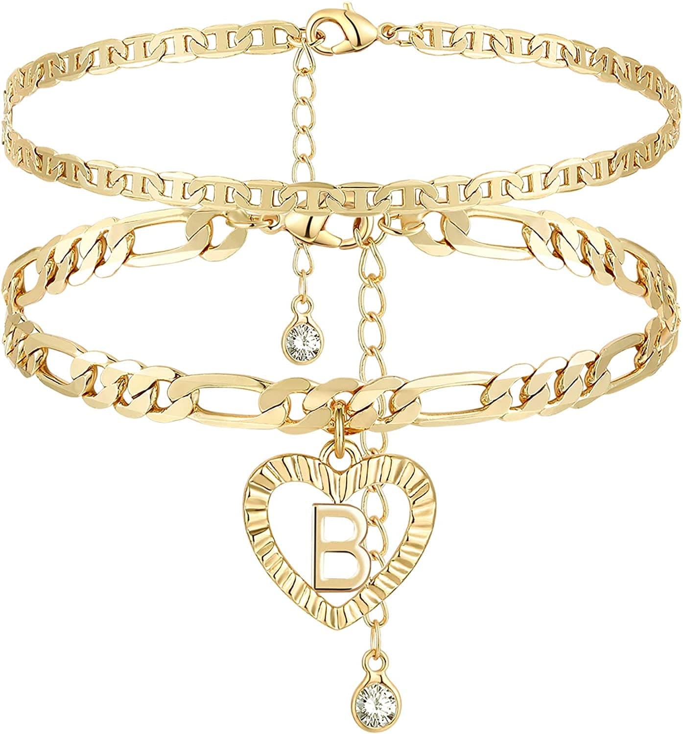 YANODA Initial Ankle Bracelets for Women 14K Gold Plated Layered Figaro Chain Letter Initial Anklets Handmade Layered Heart Ankle Bracelets Personalized Gifts for Women Teen Girls Apparel & Accessories > Jewelry > Anklets YANODA B