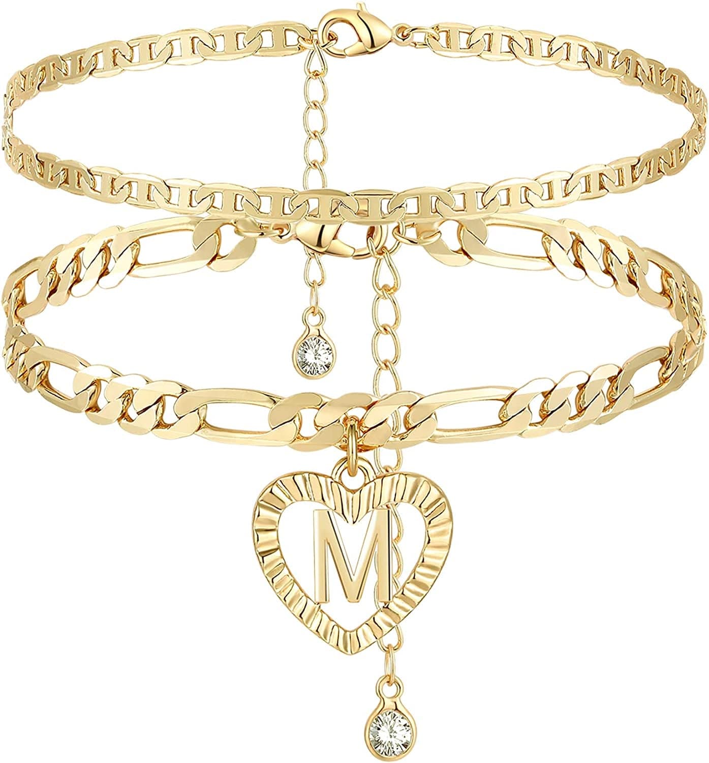 YANODA Initial Ankle Bracelets for Women 14K Gold Plated Layered Figaro Chain Letter Initial Anklets Handmade Layered Heart Ankle Bracelets Personalized Gifts for Women Teen Girls Apparel & Accessories > Jewelry > Anklets YANODA M