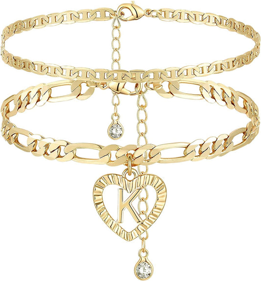 YANODA Initial Ankle Bracelets for Women 14K Gold Plated Layered Figaro Chain Letter Initial Anklets Handmade Layered Heart Ankle Bracelets Personalized Gifts for Women Teen Girls Apparel & Accessories > Jewelry > Anklets YANODA K