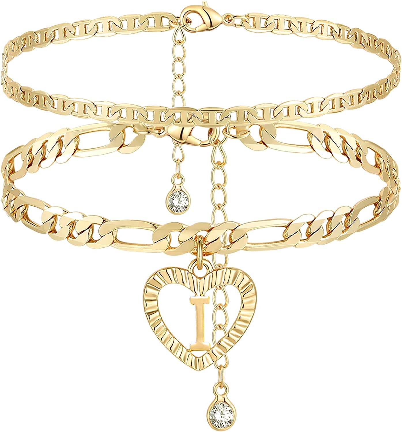 YANODA Initial Ankle Bracelets for Women 14K Gold Plated Layered Figaro Chain Letter Initial Anklets Handmade Layered Heart Ankle Bracelets Personalized Gifts for Women Teen Girls Apparel & Accessories > Jewelry > Anklets YANODA I