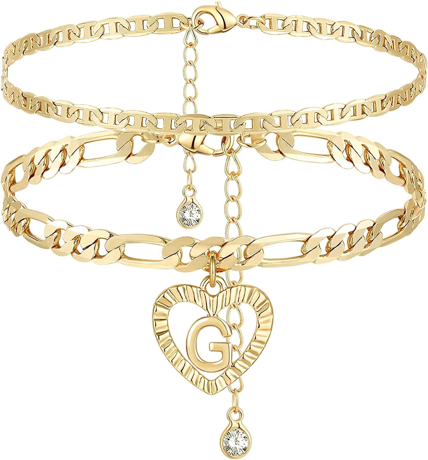 YANODA Initial Ankle Bracelets for Women 14K Gold Plated Layered Figaro Chain Letter Initial Anklets Handmade Layered Heart Ankle Bracelets Personalized Gifts for Women Teen Girls Apparel & Accessories > Jewelry > Anklets YANODA G