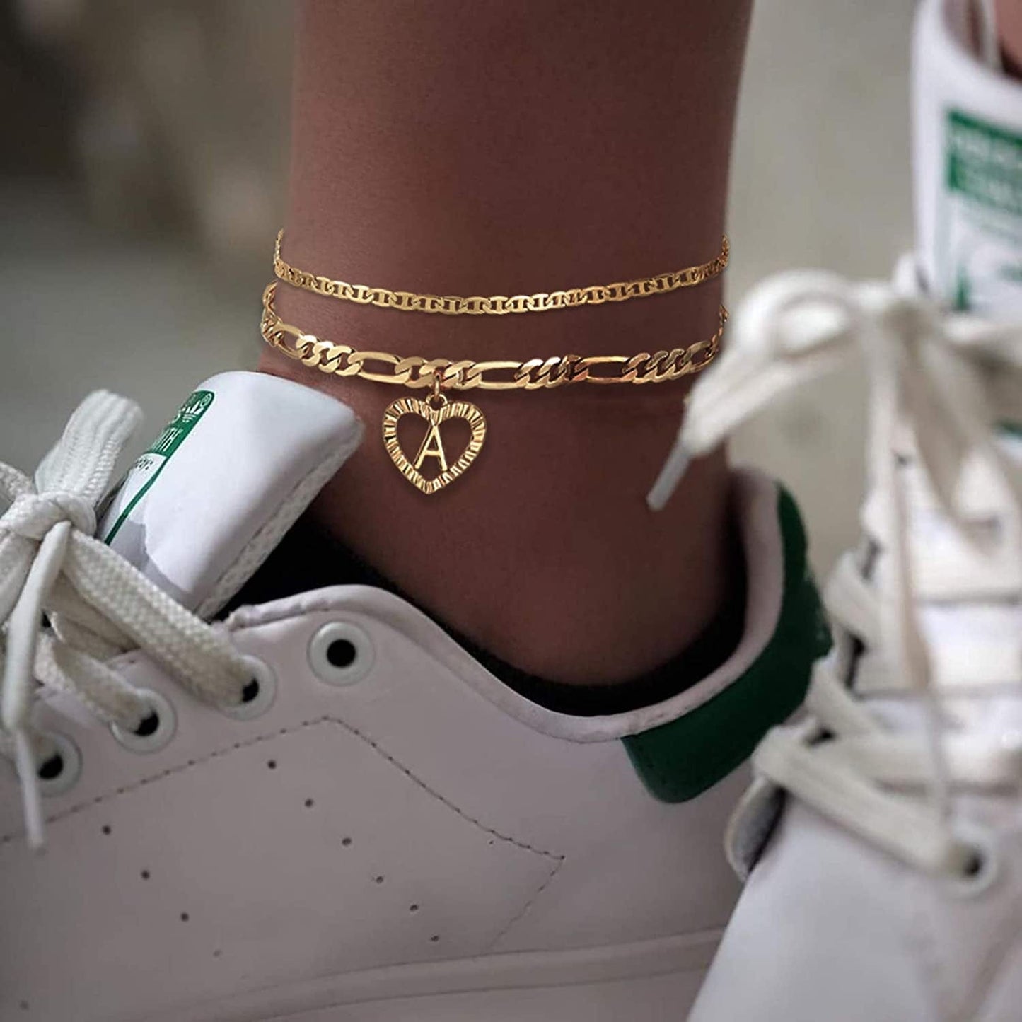 YANODA Initial Ankle Bracelets for Women 14K Gold Plated Layered Figaro Chain Letter Initial Anklets Handmade Layered Heart Ankle Bracelets Personalized Gifts for Women Teen Girls Apparel & Accessories > Jewelry > Anklets YANODA