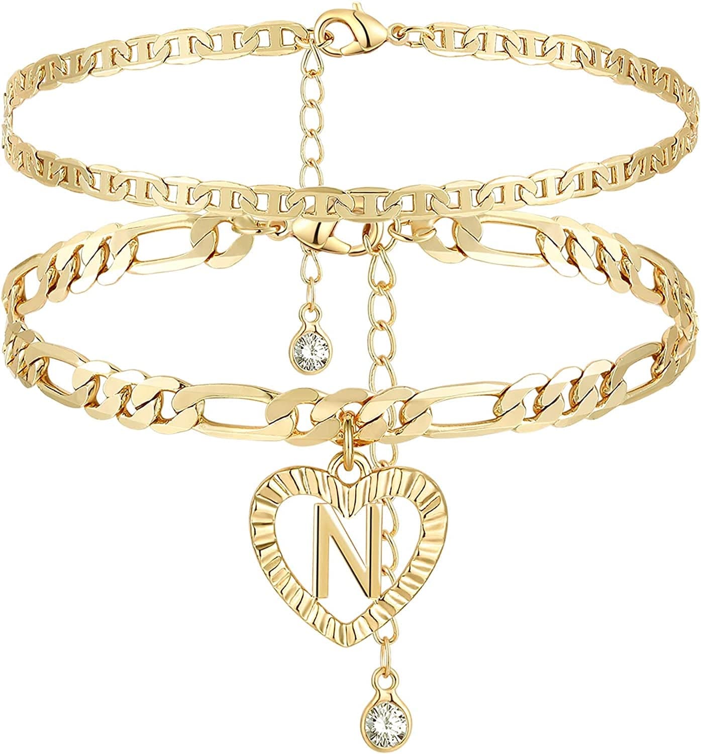 YANODA Initial Ankle Bracelets for Women 14K Gold Plated Layered Figaro Chain Letter Initial Anklets Handmade Layered Heart Ankle Bracelets Personalized Gifts for Women Teen Girls Apparel & Accessories > Jewelry > Anklets YANODA N