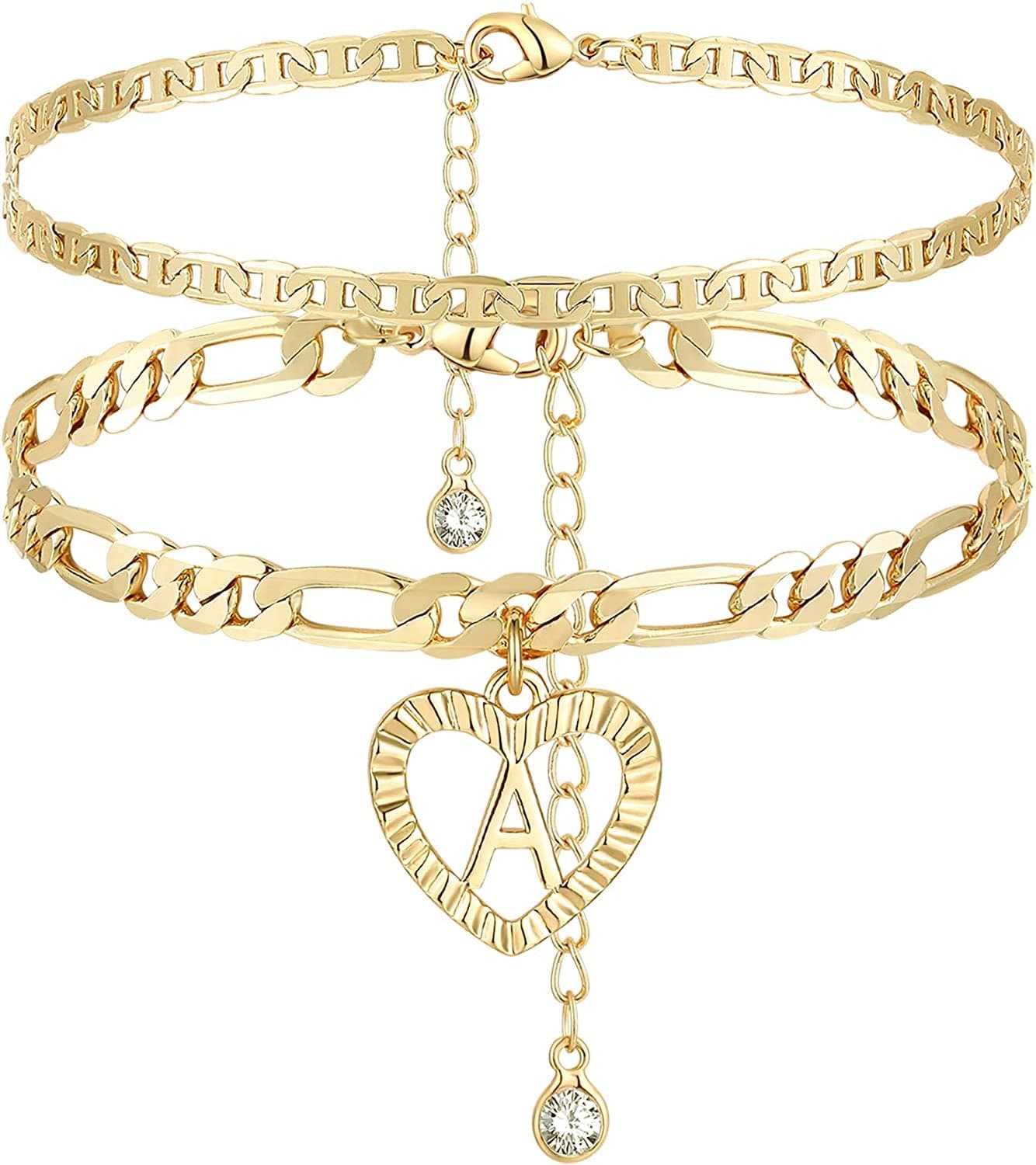 YANODA Initial Ankle Bracelets for Women 14K Gold Plated Layered Figaro Chain Letter Initial Anklets Handmade Layered Heart Ankle Bracelets Personalized Gifts for Women Teen Girls Apparel & Accessories > Jewelry > Anklets YANODA A