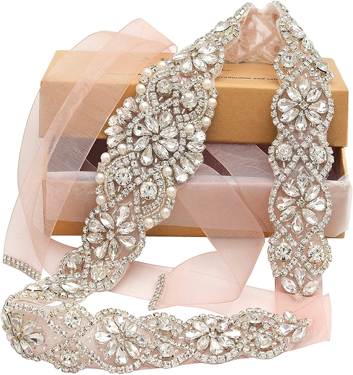 Yanstar Bridal Belt Hand Rhinestone Wedding Belt Clear Crystal 22In Length with White Organza Ribbon for Wedding Dress Apparel & Accessories > Clothing Accessories > Belts yanstar Silver,blush Organza
