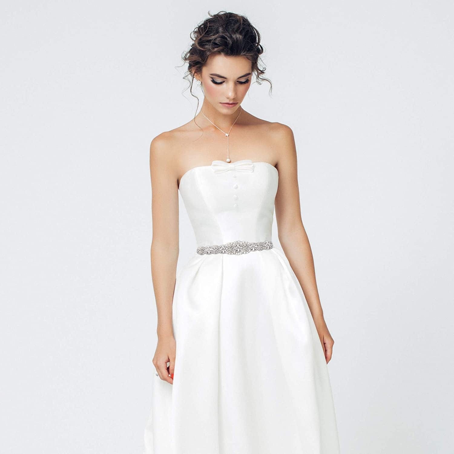 Yanstar Bridal Belt Hand Rhinestone Wedding Belt Clear Crystal 22In Length with White Organza Ribbon for Wedding Dress Apparel & Accessories > Clothing Accessories > Belts yanstar