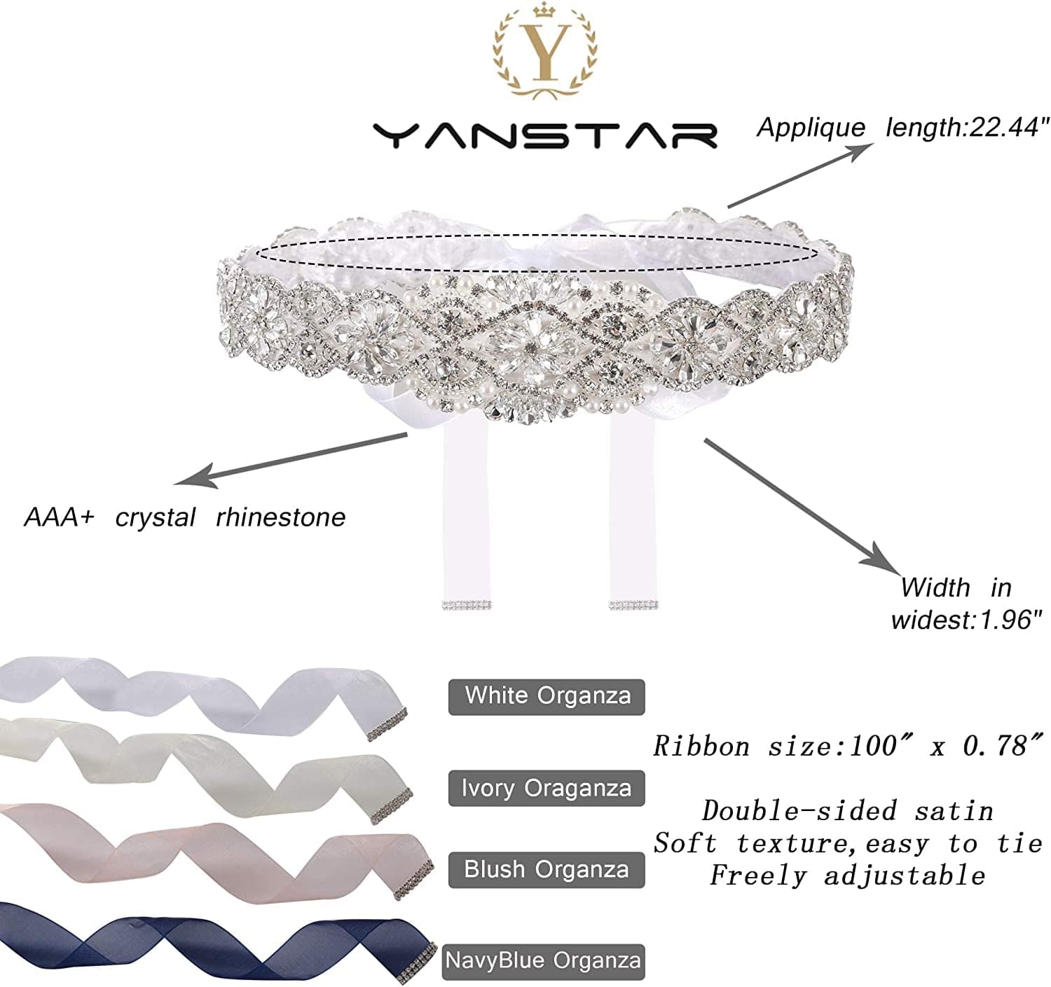 Yanstar Bridal Belt Hand Rhinestone Wedding Belt Clear Crystal 22In Length with White Organza Ribbon for Wedding Dress Apparel & Accessories > Clothing Accessories > Belts yanstar