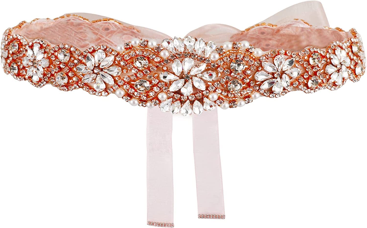 Yanstar Bridal Belt Hand Rhinestone Wedding Belt Clear Crystal 22In Length with White Organza Ribbon for Wedding Dress Apparel & Accessories > Clothing Accessories > Belts yanstar Rose Gold,blush Organza