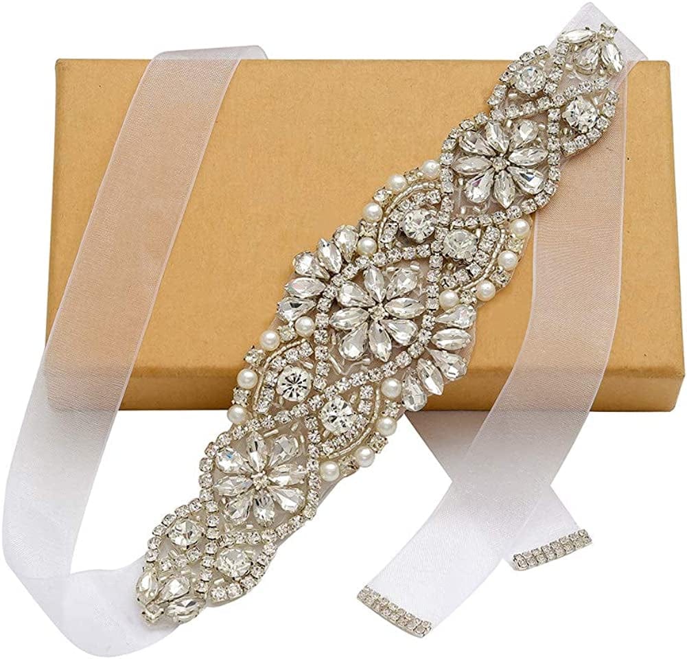 Yanstar Handmade Bridal Belt Wedding Belts Sashes Rhinestone Crystal Beads Belt for Bridal Gowns Apparel & Accessories > Clothing Accessories > Belts yanstar Silver-white Organza
