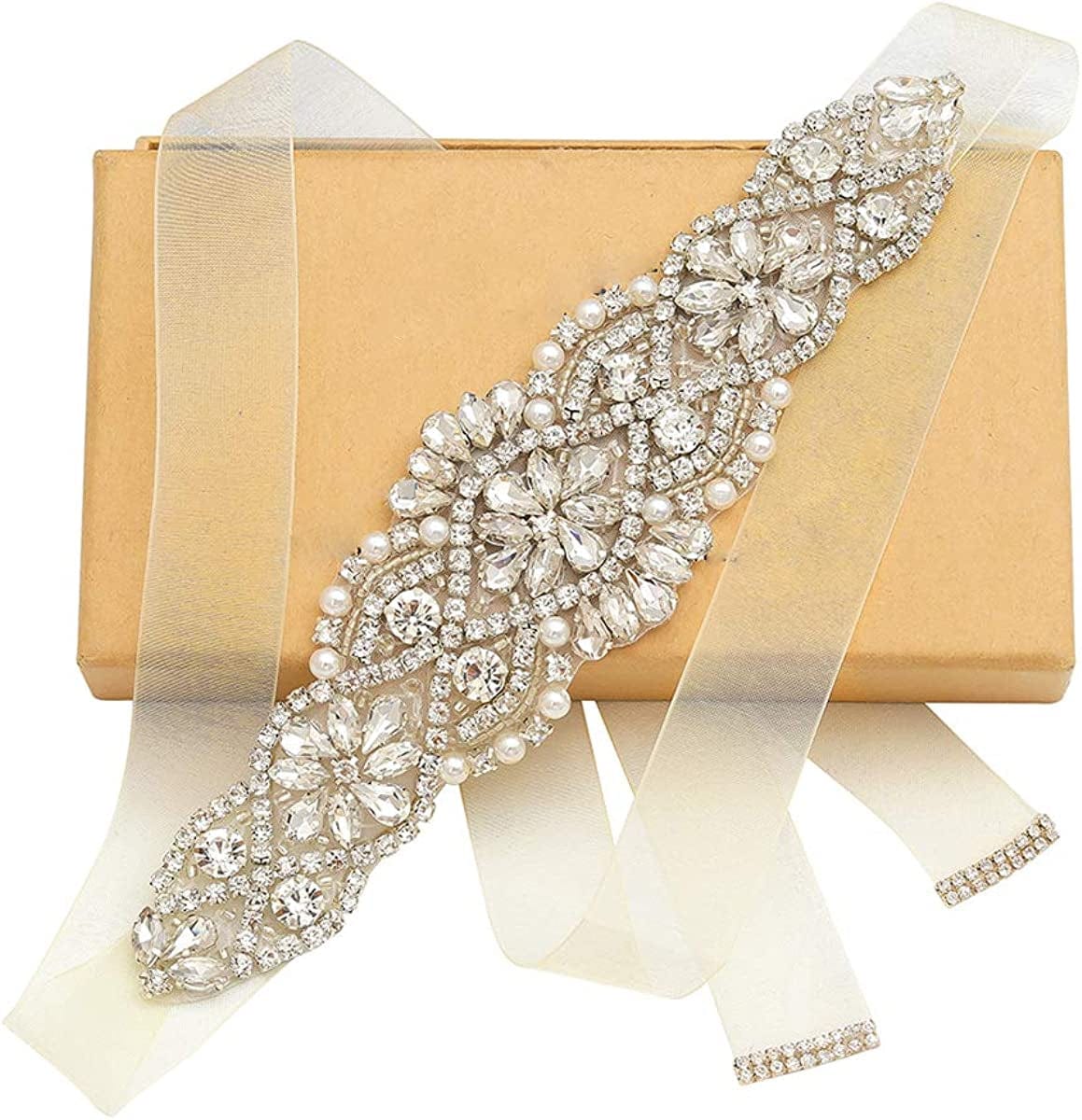 Yanstar Handmade Bridal Belt Wedding Belts Sashes Rhinestone Crystal Beads Belt for Bridal Gowns Apparel & Accessories > Clothing Accessories > Belts yanstar Silver-ivory Organza