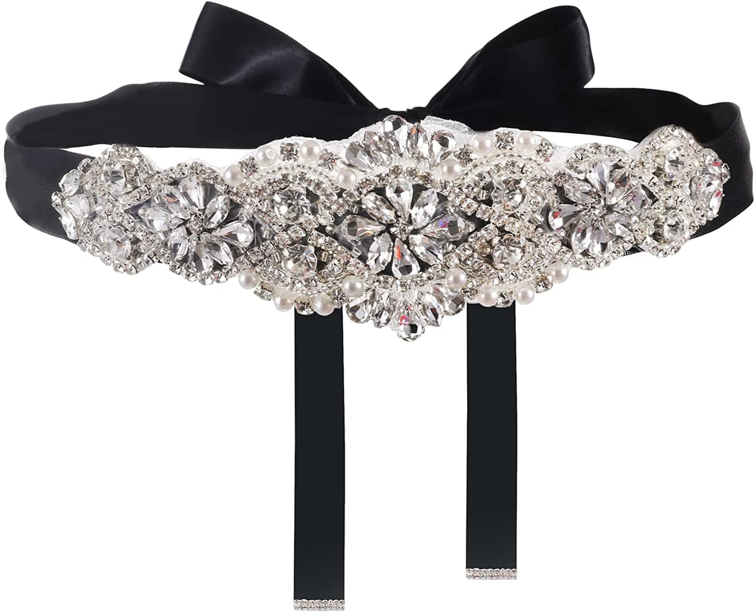 Yanstar Handmade Bridal Belt Wedding Belts Sashes Rhinestone Crystal Beads Belt for Bridal Gowns Apparel & Accessories > Clothing Accessories > Belts yanstar Silver-black