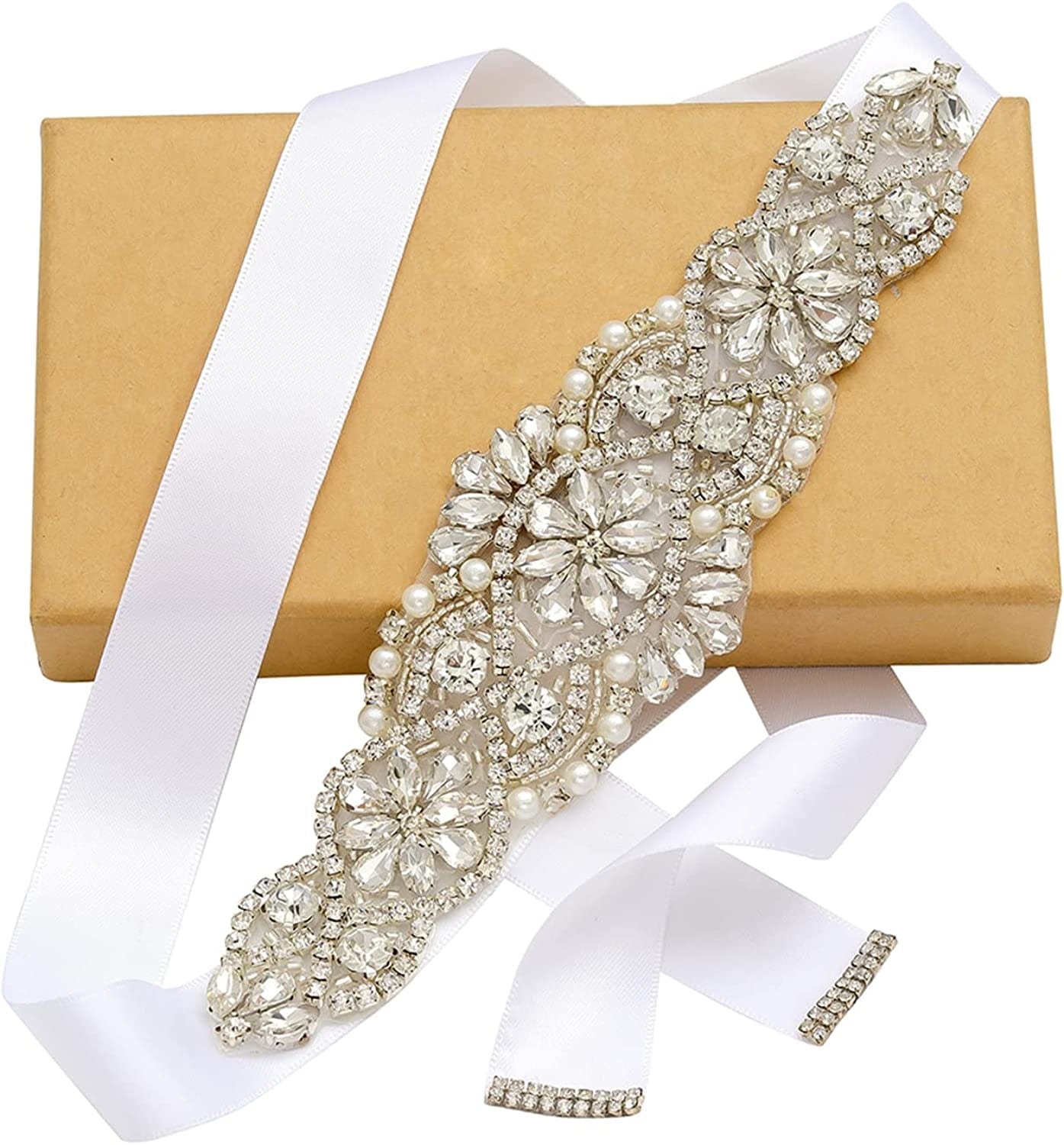 Yanstar Handmade Bridal Belt Wedding Belts Sashes Rhinestone Crystal Beads Belt for Bridal Gowns Apparel & Accessories > Clothing Accessories > Belts yanstar White Silver