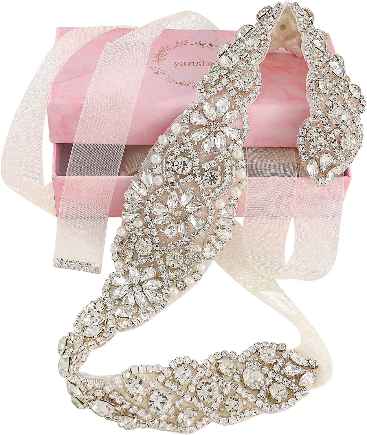Yanstar Handmade Wedding Belt with Rhinestone Crystal Bridal Belt for Wedding Dress Apparel & Accessories > Clothing Accessories > Belts yanstar Silver-ivory Organza