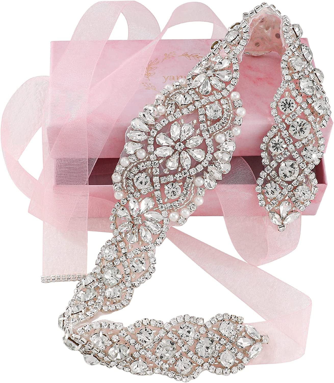 Yanstar Handmade Wedding Belt with Rhinestone Crystal Bridal Belt for Wedding Dress Apparel & Accessories > Clothing Accessories > Belts yanstar Silver-blush Organza