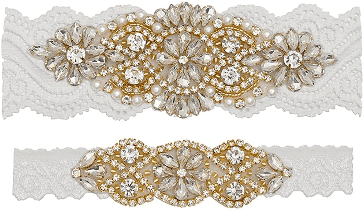 Yanstar Wedding Bridal Garter Stretch Lace Bridal Garter Sets with Rhinestones Clear Crystal Pearl for Wedding Apparel & Accessories > Clothing > Underwear & Socks > Lingerie yanstar Gold-off White Large