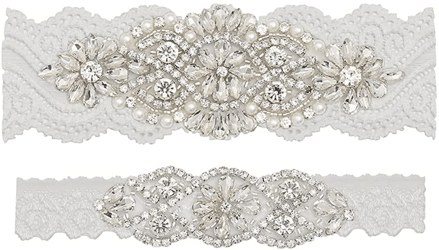 Yanstar Wedding Bridal Garter Stretch Lace Bridal Garter Sets with Rhinestones Clear Crystal Pearl for Wedding Apparel & Accessories > Clothing > Underwear & Socks > Lingerie yanstar Silver-off White Small