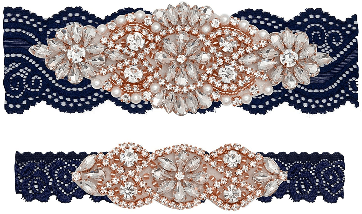 Yanstar Wedding Bridal Garter Stretch Lace Bridal Garter Sets with Rhinestones Clear Crystal Pearl for Wedding Apparel & Accessories > Clothing > Underwear & Socks > Lingerie yanstar Rose-navy Small