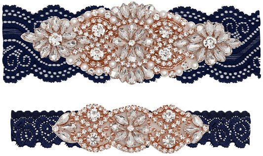 Yanstar Wedding Bridal Garter Stretch Lace Bridal Garter Sets with Rhinestones Clear Crystal Pearl for Wedding Apparel & Accessories > Clothing > Underwear & Socks > Lingerie yanstar Rose-navy Small