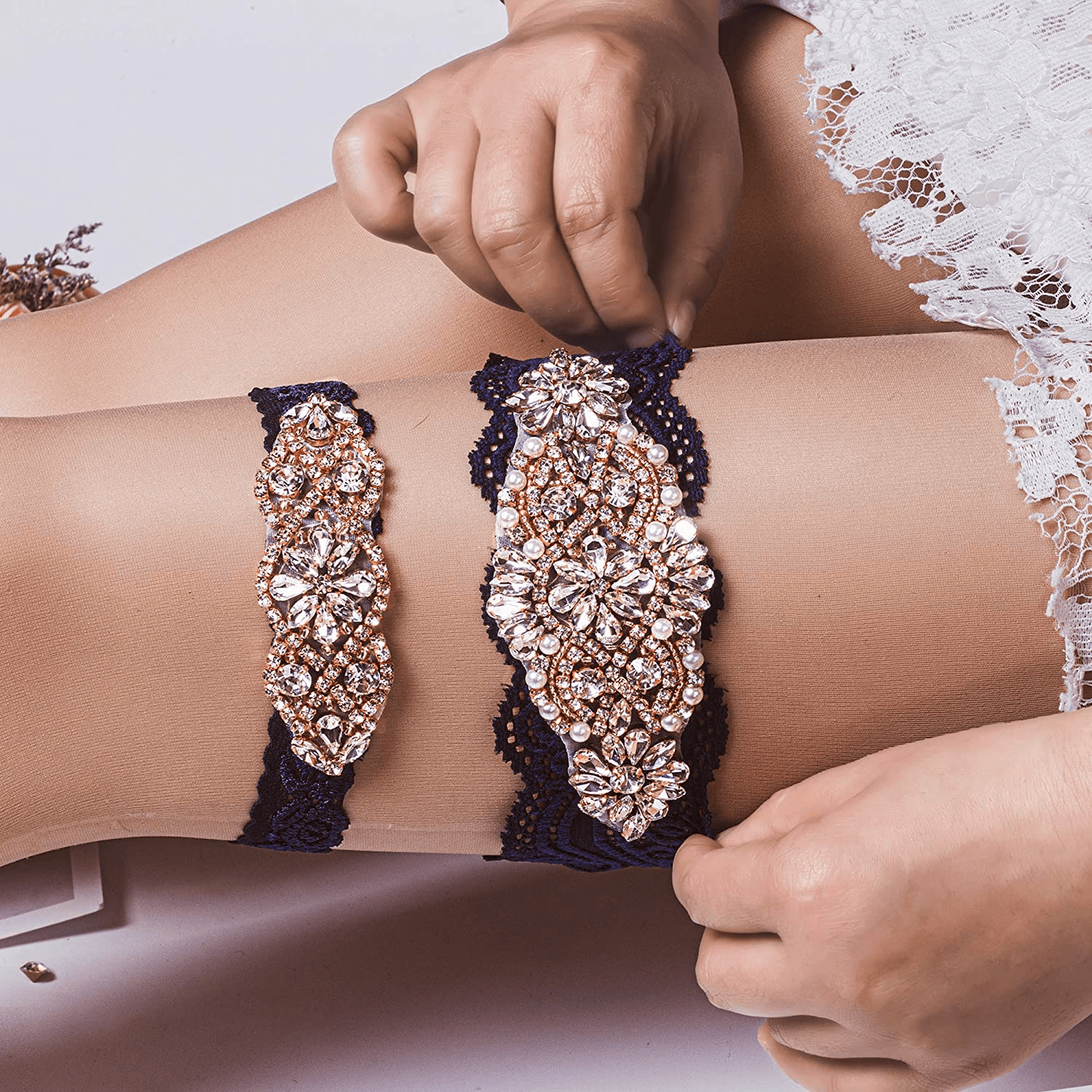 Yanstar Wedding Bridal Garter Stretch Lace Bridal Garter Sets with Rhinestones Clear Crystal Pearl for Wedding Apparel & Accessories > Clothing > Underwear & Socks > Lingerie yanstar