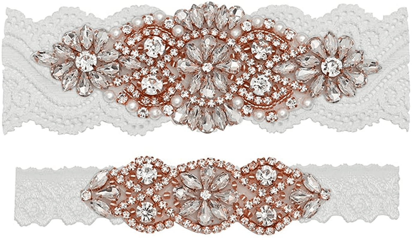 Yanstar Wedding Bridal Garter Stretch Lace Bridal Garter Sets with Rhinestones Clear Crystal Pearl for Wedding Apparel & Accessories > Clothing > Underwear & Socks > Lingerie yanstar Rose-off White XL:22"-23"