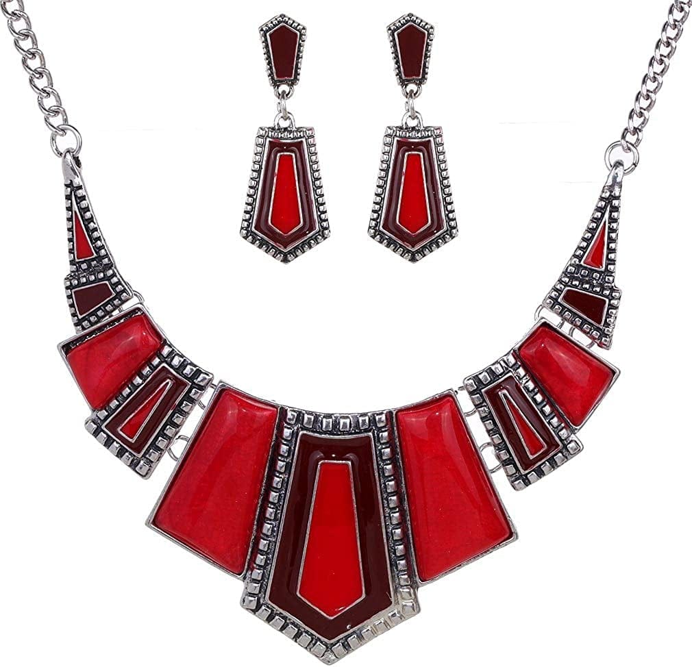 YAZILIND Vintage Ethnic Tibetan Silver Irregular Rhinestone Bib Collar Earrings Necklace Jewelry Set Red
