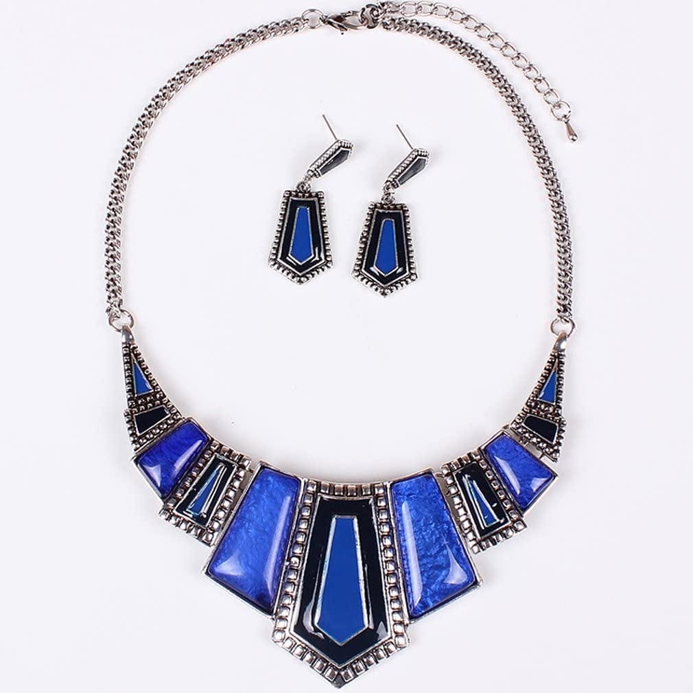 YAZILIND Vintage Ethnic Tibetan Silver Irregular Rhinestone Bib Collar Earrings Necklace Jewelry Set