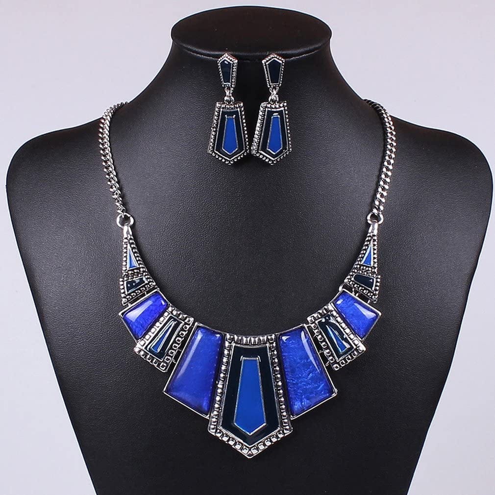 YAZILIND Vintage Ethnic Tibetan Silver Irregular Rhinestone Bib Collar Earrings Necklace Jewelry Set
