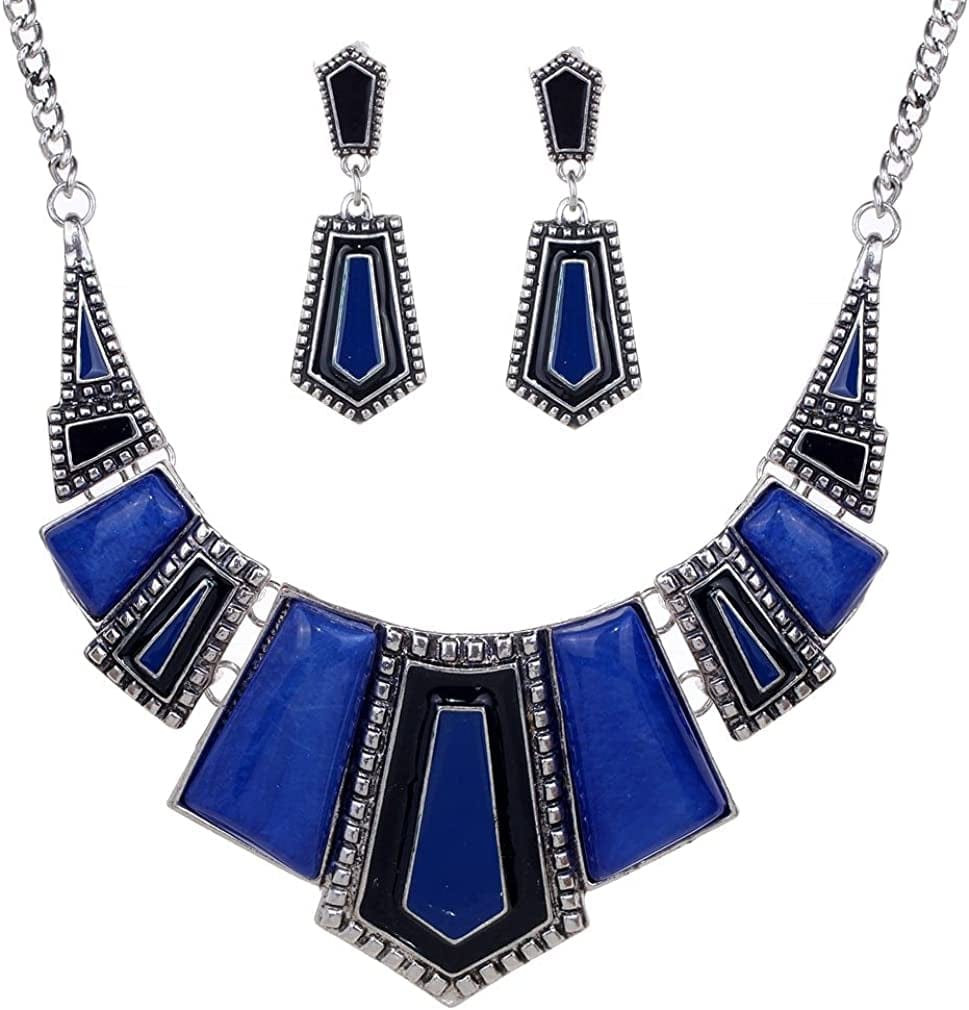 YAZILIND Vintage Ethnic Tibetan Silver Irregular Rhinestone Bib Collar Earrings Necklace Jewelry Set Blue