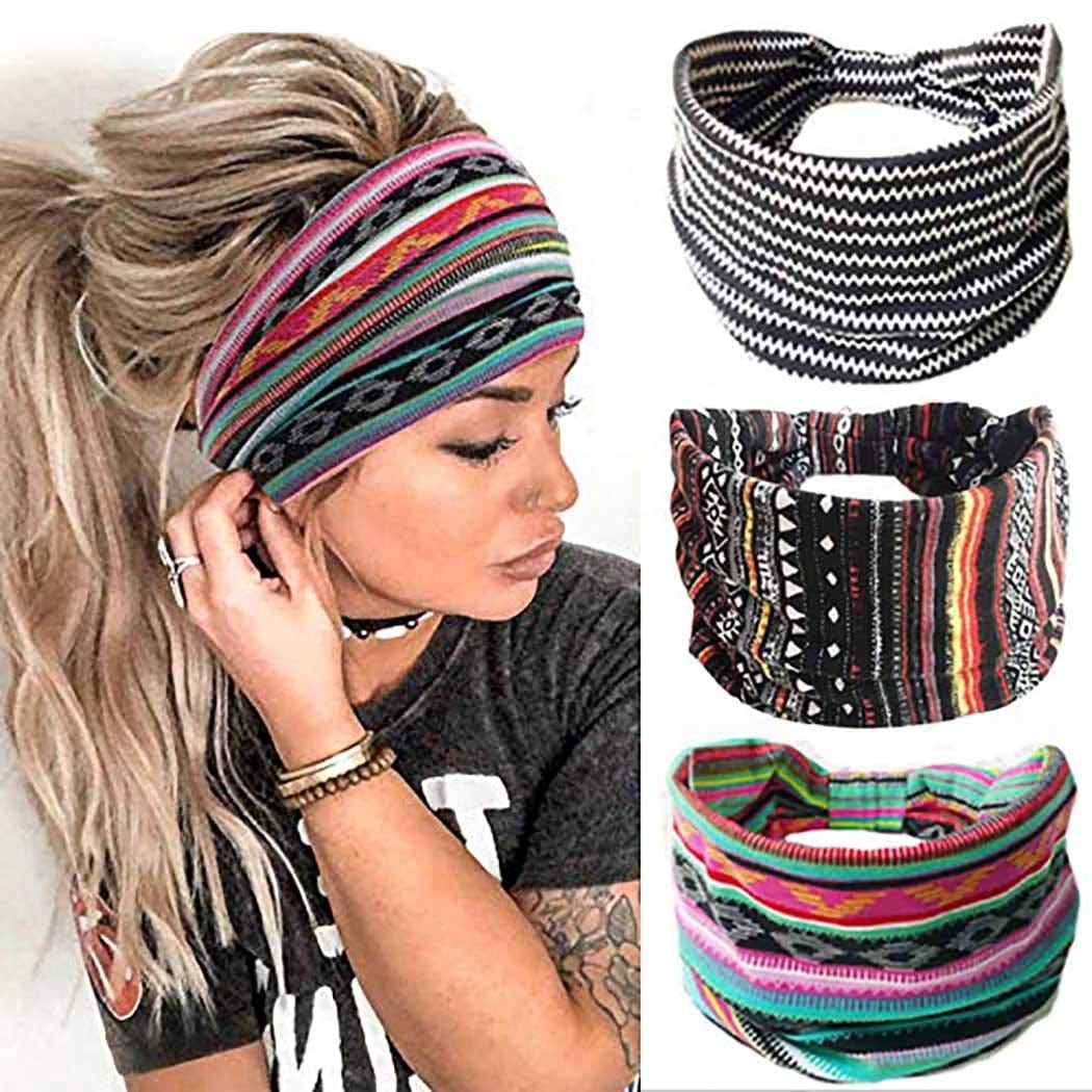 YBSHIN Boho Wide Headbands Stripe Head Wraps Knoted Hair Wears Turban Yoga Sweatbands Elastic Floral Printed Head Scarfs Stretch Cloth Hair Bands for Women and Girls 3Pcs (A) Apparel & Accessories > Clothing Accessories > Bandanas & Headties YBSHIN-101 A