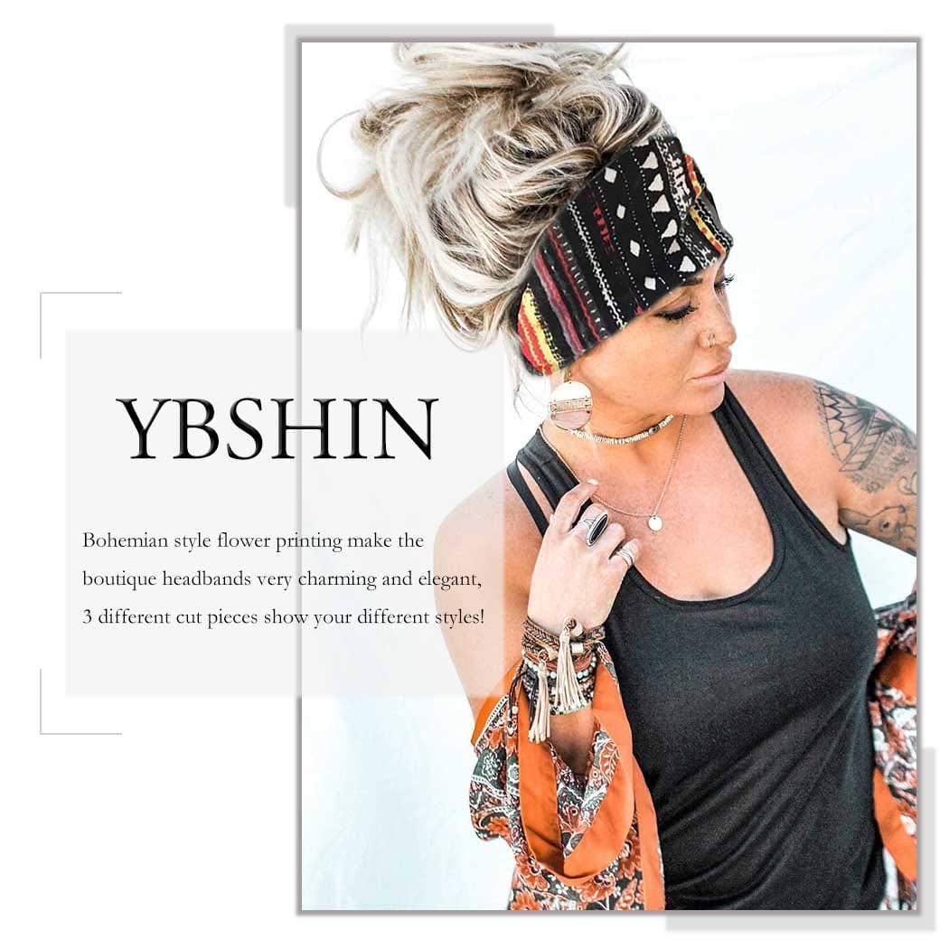 YBSHIN Boho Wide Headbands Stripe Head Wraps Knoted Hair Wears Turban Yoga Sweatbands Elastic Floral Printed Head Scarfs Stretch Cloth Hair Bands for Women and Girls 3Pcs (A) Apparel & Accessories > Clothing Accessories > Bandanas & Headties YBSHIN-101