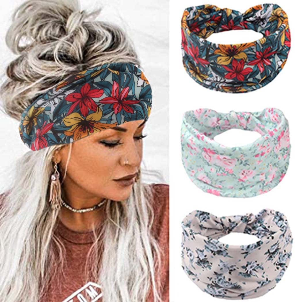 YBSHIN Boho Wide Headbands Stripe Head Wraps Knoted Hair Wears Turban Yoga Sweatbands Elastic Floral Printed Head Scarfs Stretch Cloth Hair Bands for Women and Girls 3Pcs (A) Apparel & Accessories > Clothing Accessories > Bandanas & Headties YBSHIN-101 H