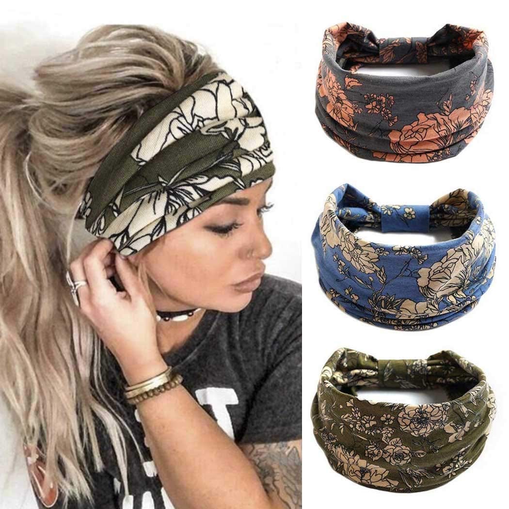 YBSHIN Boho Wide Headbands Stripe Head Wraps Knoted Hair Wears Turban Yoga Sweatbands Elastic Floral Printed Head Scarfs Stretch Cloth Hair Bands for Women and Girls 3Pcs (A) Apparel & Accessories > Clothing Accessories > Bandanas & Headties YBSHIN-101 D