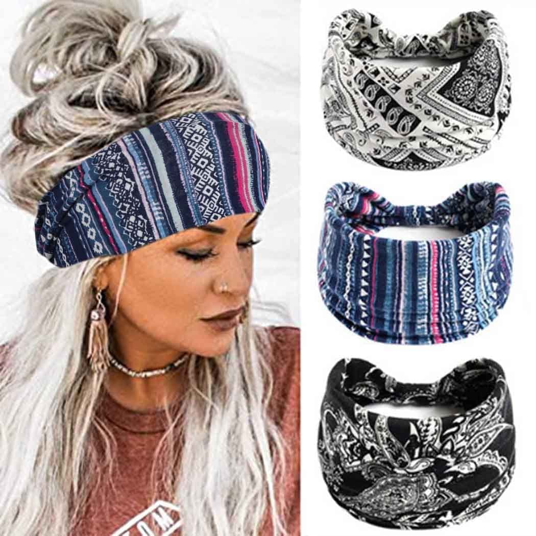 YBSHIN Boho Wide Headbands Stripe Head Wraps Knoted Hair Wears Turban Yoga Sweatbands Elastic Floral Printed Head Scarfs Stretch Cloth Hair Bands for Women and Girls 3Pcs (A) Apparel & Accessories > Clothing Accessories > Bandanas & Headties YBSHIN-101 C-A